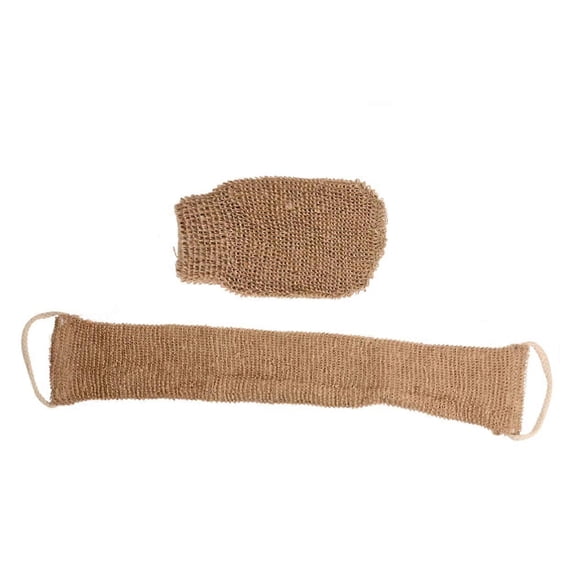 Set de exfoliante corporal con correa trasera de doble cara y guantes exfoliantes de secado rápido.