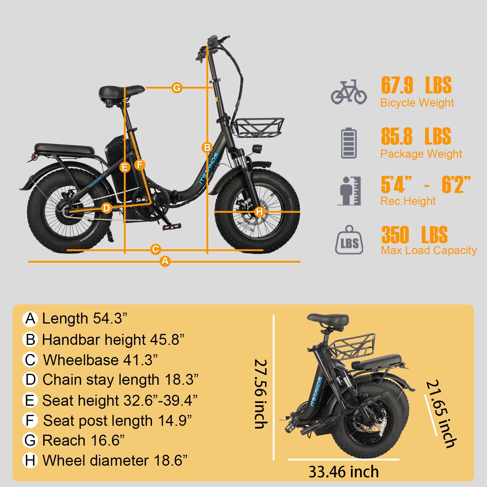 ITSTANDS 800W Electric Bike Folding for Adults 16''x4.0 fat tire E-Mountain Bike 48V 20AH UL2849 Removable Battery Step Thru Electric Bicycle 30MPH Dual Shock Absorption Urban Commuter Ebikes