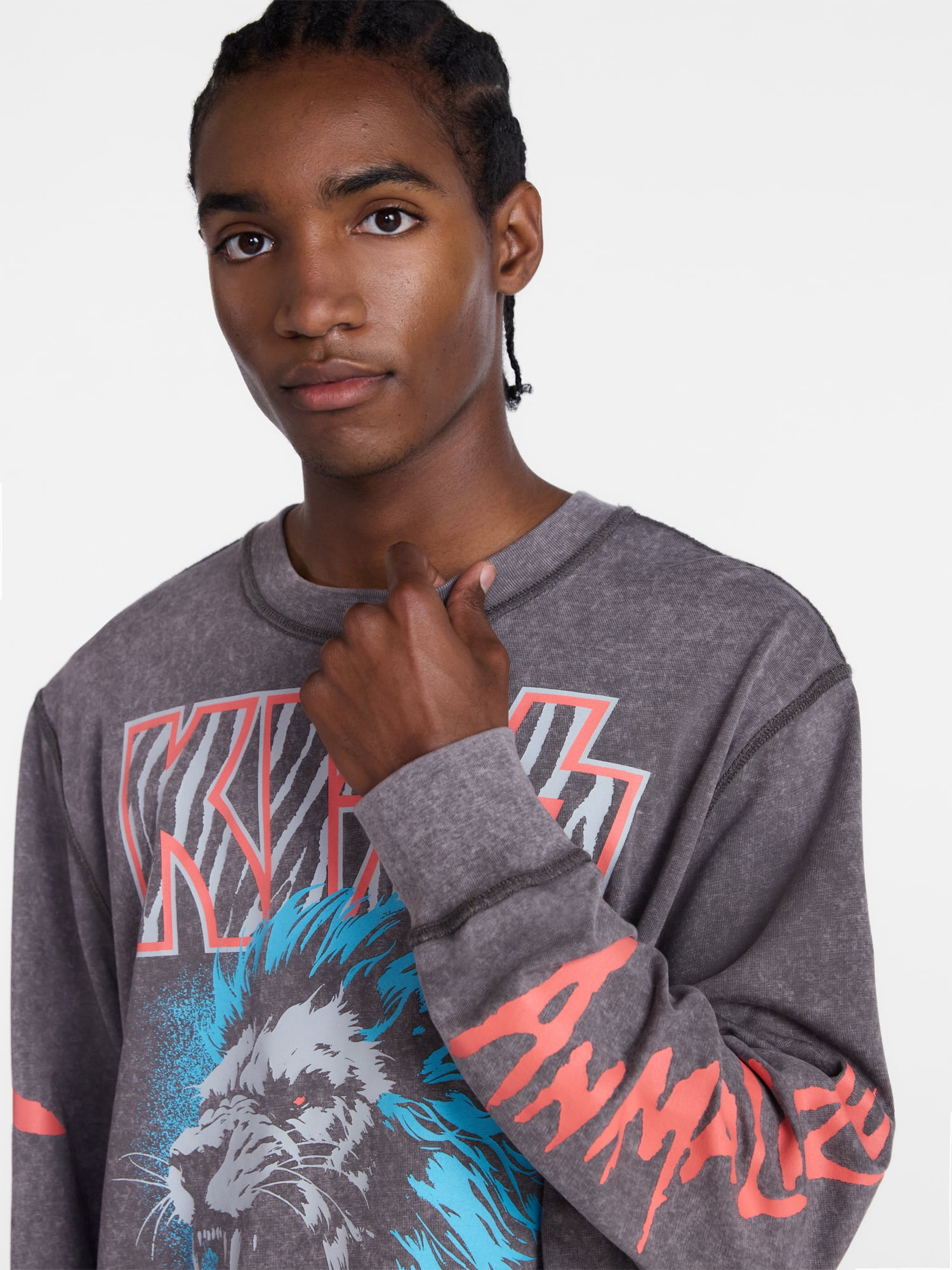 Kiss, Men's Mineral Wash Boxy Fit Graphic Long-sleeve Tee Shirt, Sizes XS-4XLT