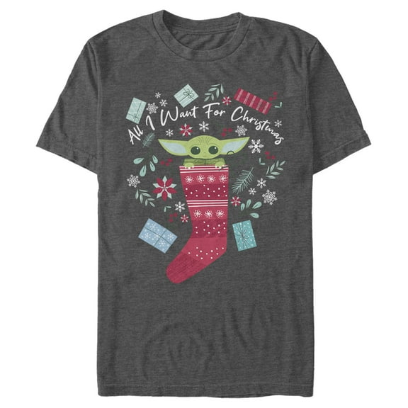 Men's Star Wars: The Mandalorian Christmas The Child Stocking Stuffer Graphic Tee Charcoal Heather 2X Large