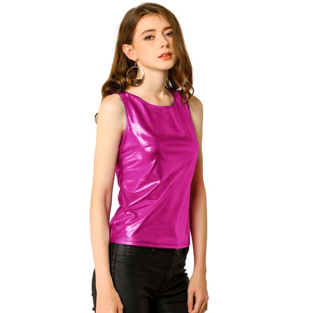 Allegra K Camiseta sin mangas con cuello en U, elástico, ajustado, brillante y metálico brillante para mujer Rosa roja XS