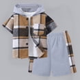 thumbnail image 2 of Godom Boys Clothes 5T Summer Two-Piece Outfit Short Sleeve Plaid Hooded Top & Shorts Sets,Khaki, 2 of 6