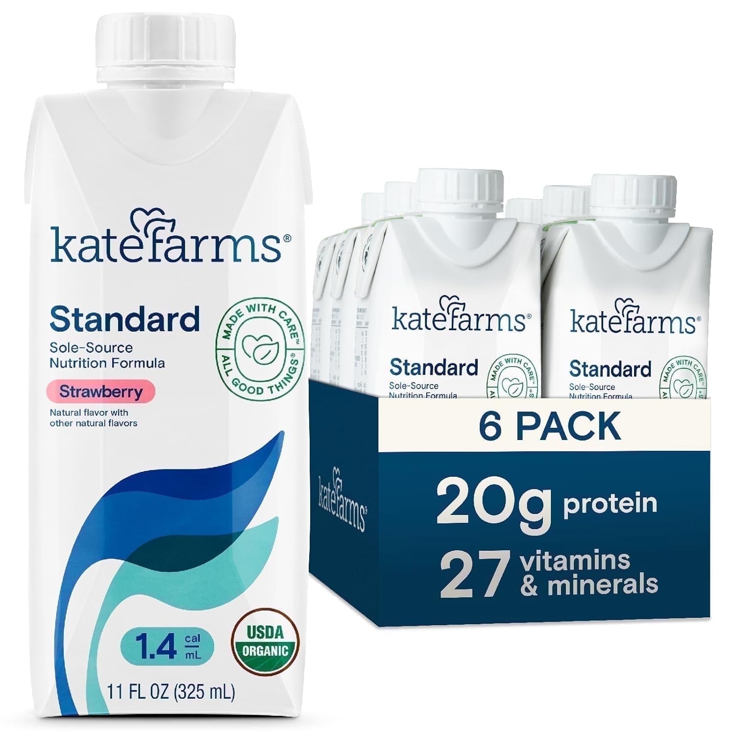 Kate Farms Organic 1.4 High Calorie Adult Nutrition Shake, Strawberry, 20g Protein, 27 Vitamins and Minerals, Meal Replacement, 11 oz (6 Pack)