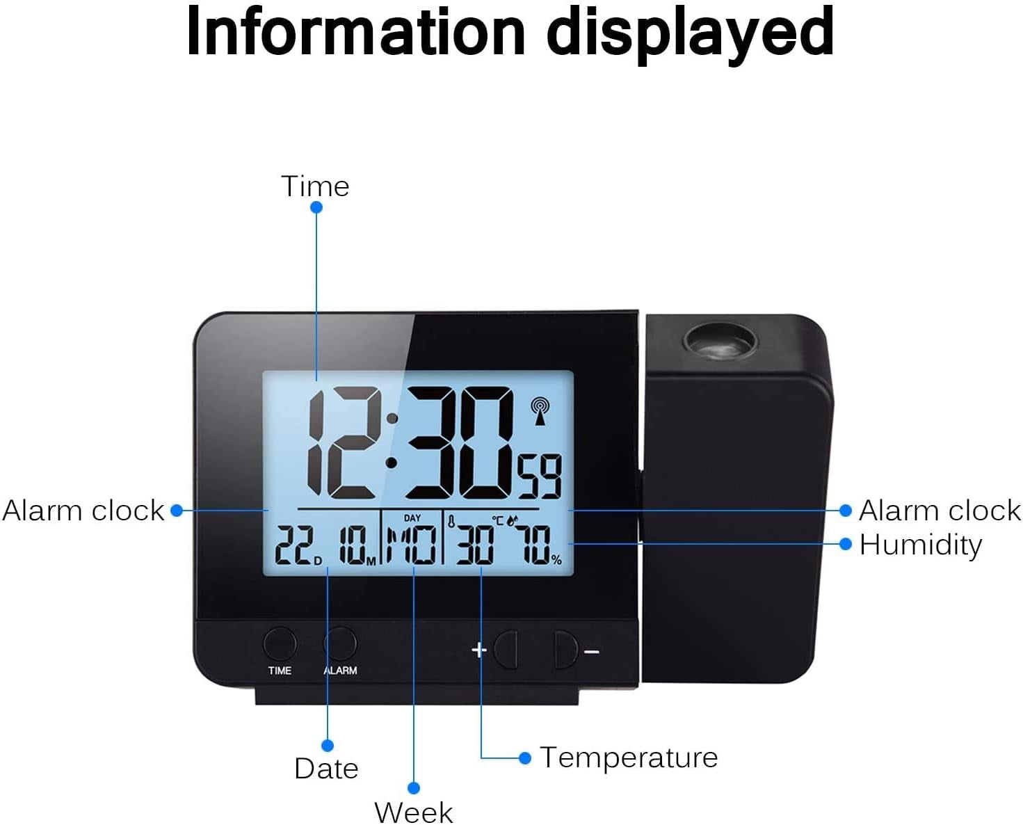Projection Clock, Digital Alarm Clock, LED Display Projector Clock with Backlight Snooze Function, 2 Alarm Sounds (Black)