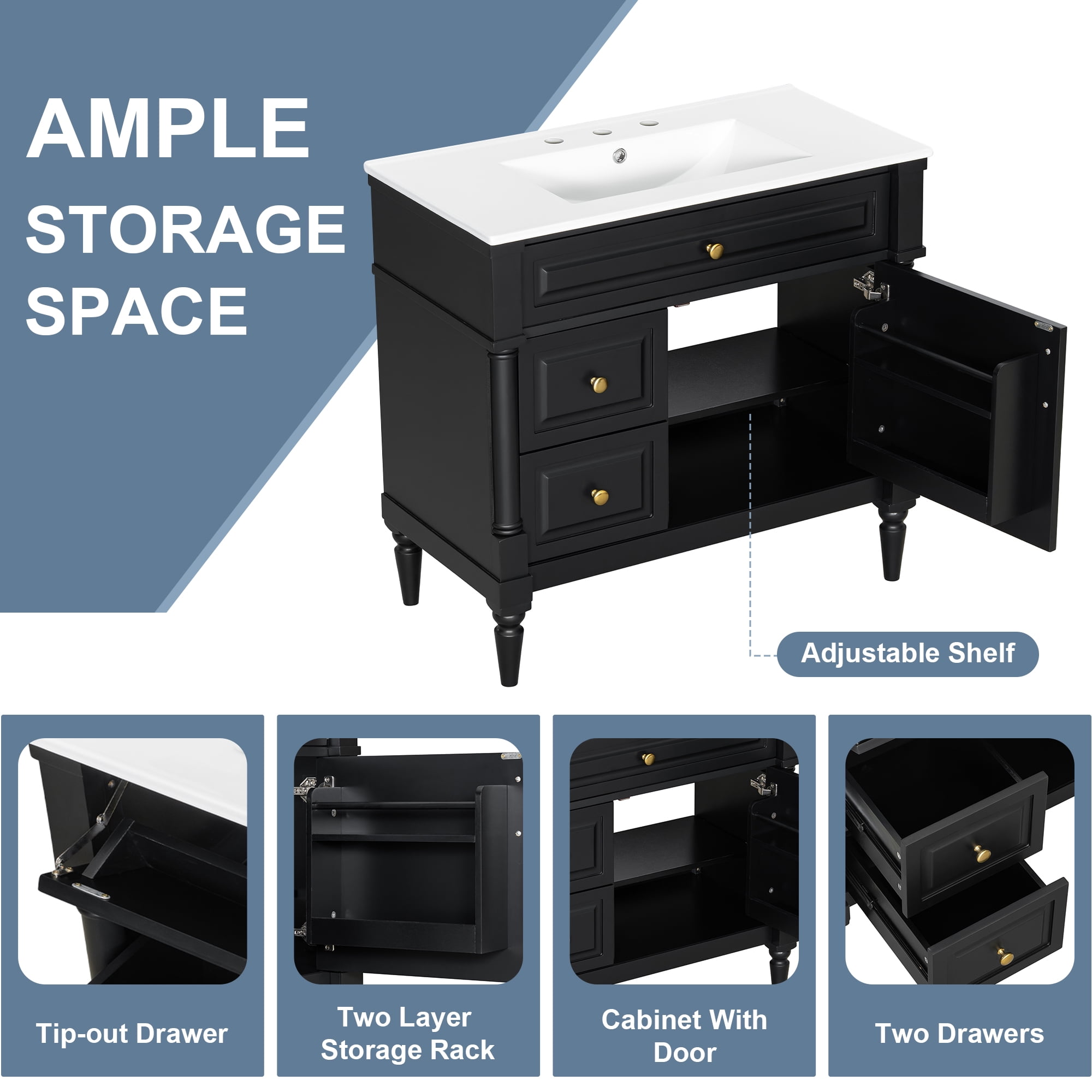 Euroco 36" Bathroom Vanity with Sink, Freestanding Bathroom Cabinet with Ceramic Basin, Flip Drawer, Adjustable Shelf, Rubberwood Frame & MDF Panels, Metal Handles, Black Painted Finish