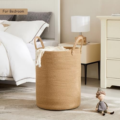 60L Jute Woven Hamper Laundry Basket Wicker Rope Clothes Hamper for Baby Nursery Kids Tall Rattan Blanket Basket in Living Room Bedroom 15Dx20H inches