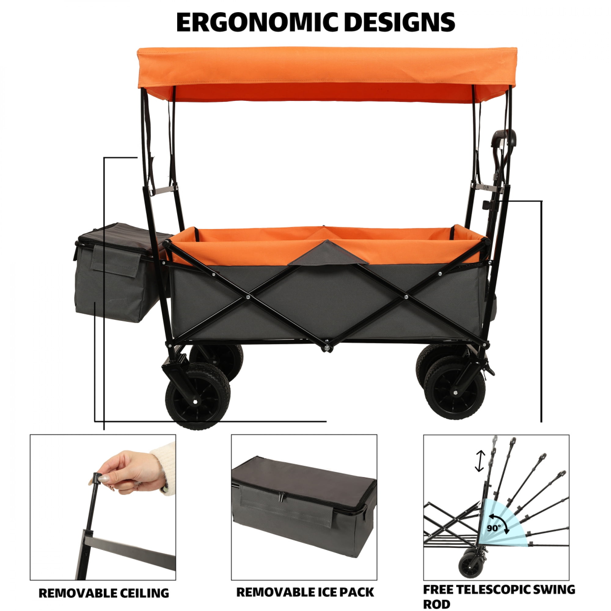 480Lbs Collapsible Wagon with Canopy, Wagon Stroller with 7" All-Terrain Wheels, Lightweight Foldable Large Capacity Wagon with Mosquito Net,Camping, Shopping, Sports & Garden Use,Orange