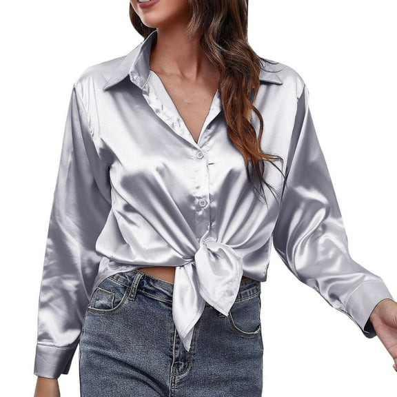 Gerichy Long Sleeve Tops for Women Women's Satin Silk Long Sleeve Button Down Collared Shirt Formal Work Blouse Top Casual Solid Shirts for Office Lady