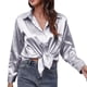 thumbnail image 2 of Camisa de manga larga de satén para mujer - Blusa de imitación de seda con ribete en contraste - Moda europea americana para el trabajo/vestir informal, 2 of 6