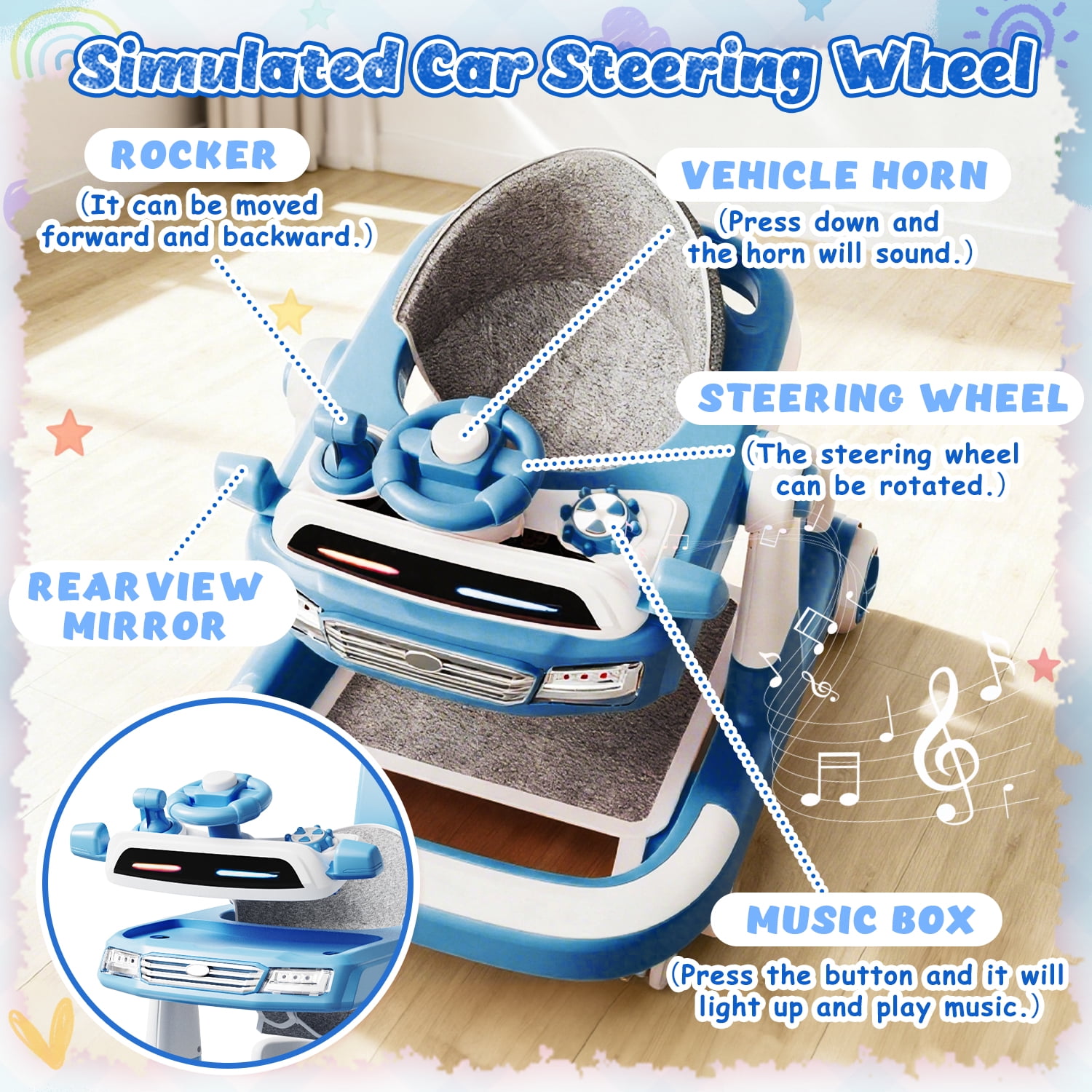 WonderStone 6 in 1 Baby Walker, Height-Adjustable Push Walker with Music & Light Toys, Baby Bouncer & Activity Center for Boys and Girls 6-18 Months (Blue)