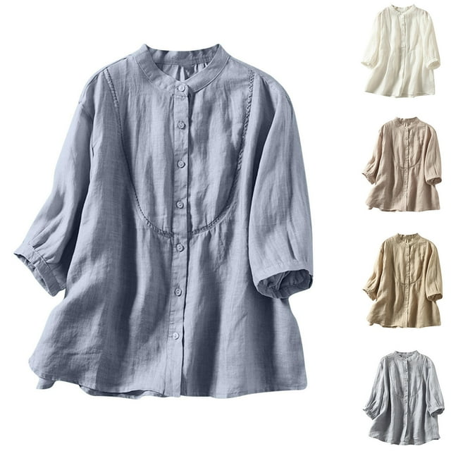 QIPOPIQ Hauts en Lin pour Femmes Chemises d'Été Décontractées Tunique Jacquard Blouse Liquidation