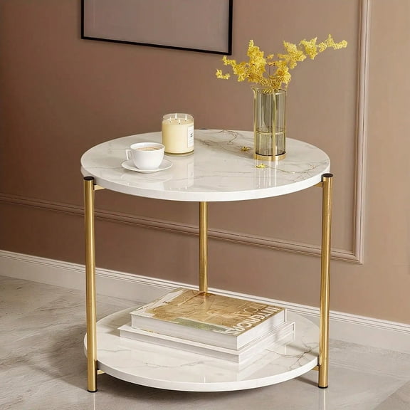 Double Layer Round Coffee Side Table with Reinforced Metal Frame, Indoor Outdoor Minimalist Accent Table for Living Room Bedroom Balcony Decor