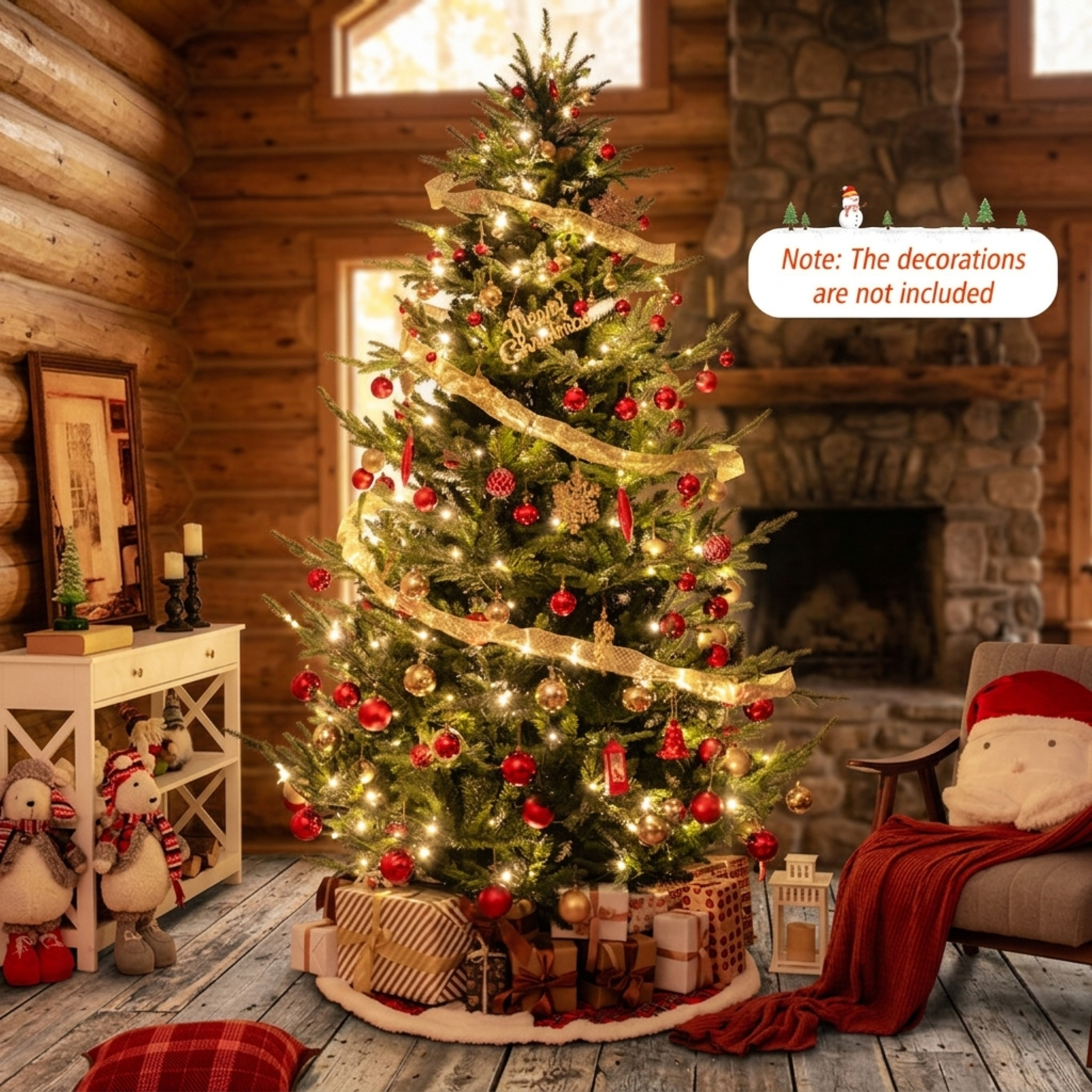 RUIE 8 ft Pre-Lit Christmas Tree, Tall Green Artificial Hinged Xmas Tree with 450 LED Lights, 1480 Branch Tips, Foldable Stand