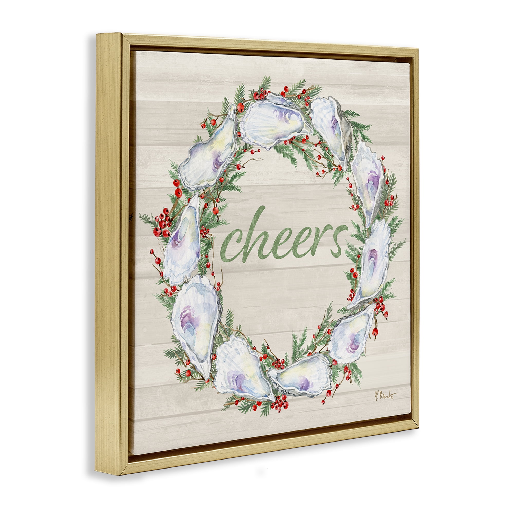 Stupell Industries Shells & Holly Cheers Holiday Painting Gold Floater Framed Canvas Art Print Wall Art, 25 x 25