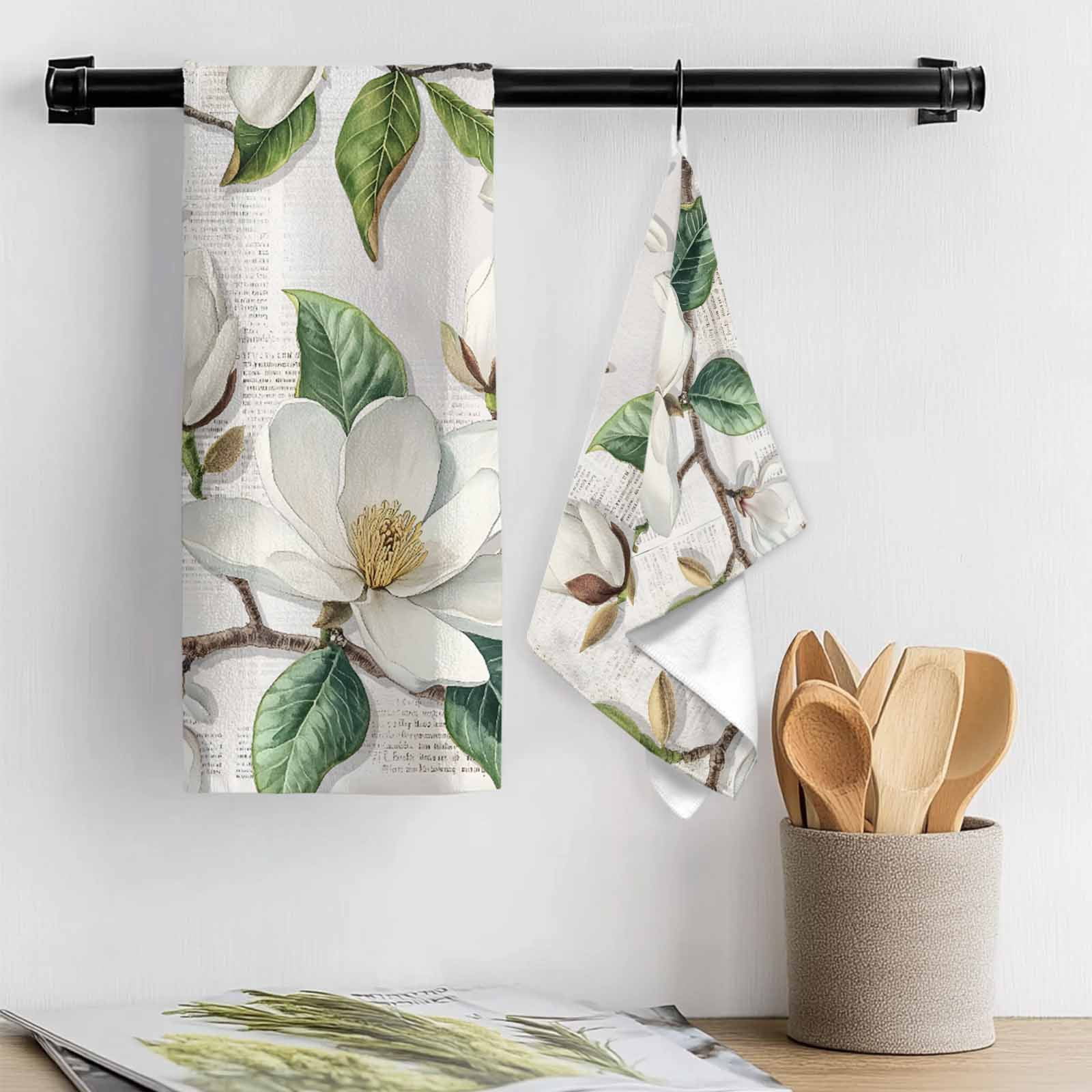 Flowers Leaves Kitchen Towel Dish Cloths Set of 3, Microfiber Soft Kitchen Hand Towels, Farmhouse White Botanical Magnolia Retro Absorbent Quick Drying Dishcloths 18 x 28 Inches