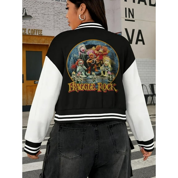 Women's Vintage Fraggle Rock Baseball Jacket Big Size Hoodie Bomber Jacket Kermit The Frog Muppets Retro Oversize