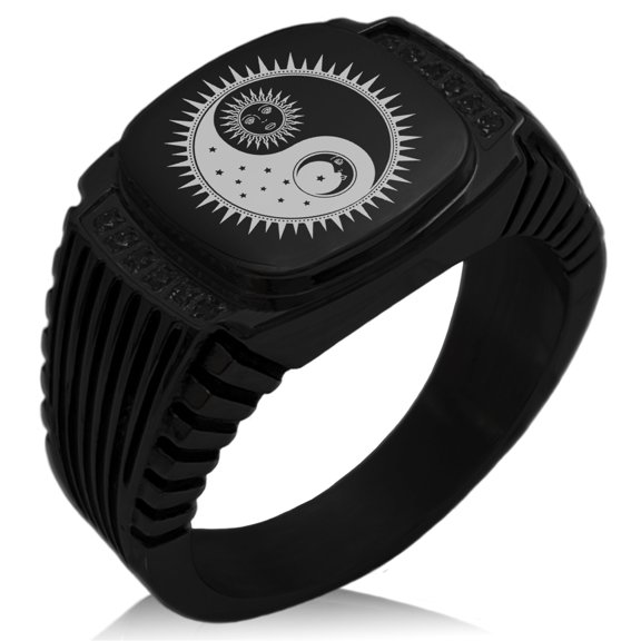 Stainless Steel Sun & Moon Yin Yang CZ Ribbed Needle Stripe Pattern Biker Style Polished Ring