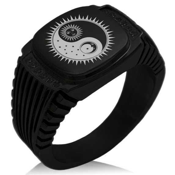 Stainless Steel Sun & Moon Yin Yang CZ Ribbed Needle Stripe Pattern Biker Style Polished Ring