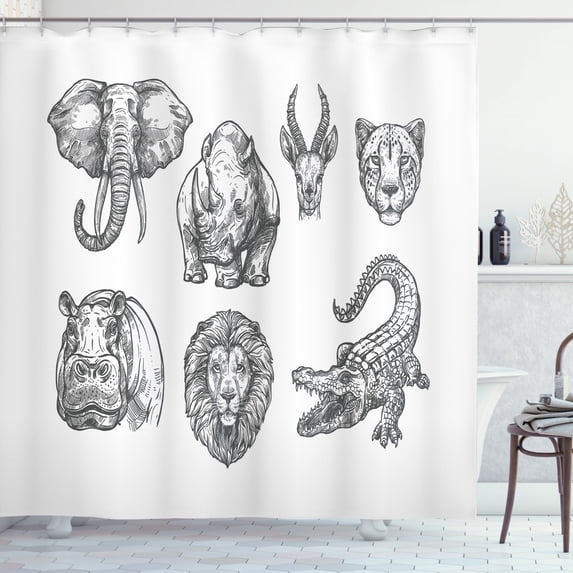 Wildlife Shower Curtain, Wild Nature and Exotic Zoo Animals Hand-Drawn Style Illustration of Heads, Fabric Bathroom Set with Hooks, 69W X 70L Inches, Charcoal Grey White, by Ambesonne