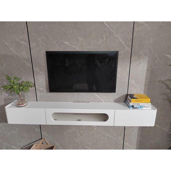 FloatiCasa 47-Inch Fully Assembled High Gloss Floating TV Stand, Wall-Mounted Entertainment Center with 1 Door & 2 Drawers, for TVs up to 50", White