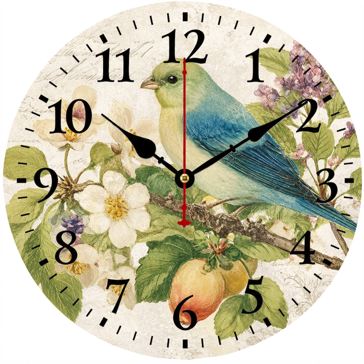 Vintage Bird Wall Clock 9.84 Inch, Battery Operated Round Analog Clock with Botanical Floral Design, Farmhouse Rustic Home Decor Clock for Living Room Kitchen Bedroom Office