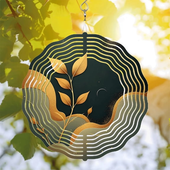 Stylized Metal Hanging Wind Spinner with Concentric White Lines & Golden Plant Design - Celestial Garden Decor for Yard & Patio
