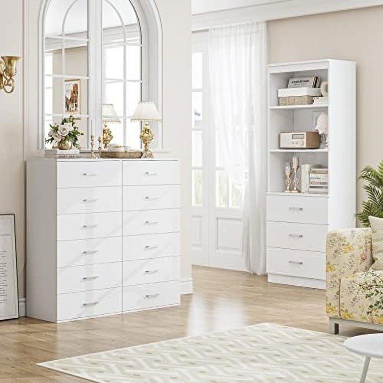 White Dresser, Dresser with 6 Drawers, Wide Chest of Drawers with Gold  Handles 