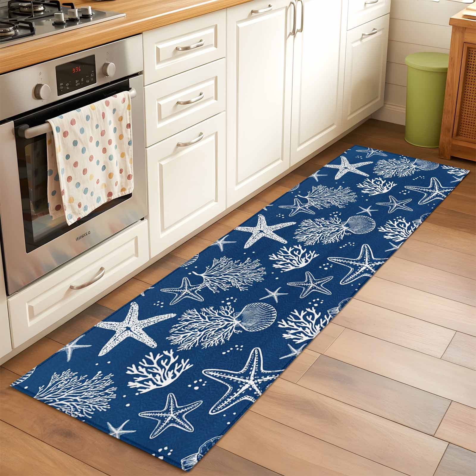 Navy Blue Coastal 2'x6' Runner Rugs for Hallway Kitchen Bedside Non Slip Washable, Nautical Beach Starfish Coral Summer Entryway Rug Runners with Rubber Backing, Long Carpet Runner for Laundry Room