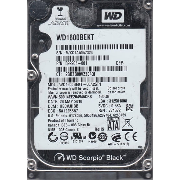 WD1600BEKT-60A25T1, DCM HECVJHBB, Western Digital 160GB SATA 2.5 Hard Drive