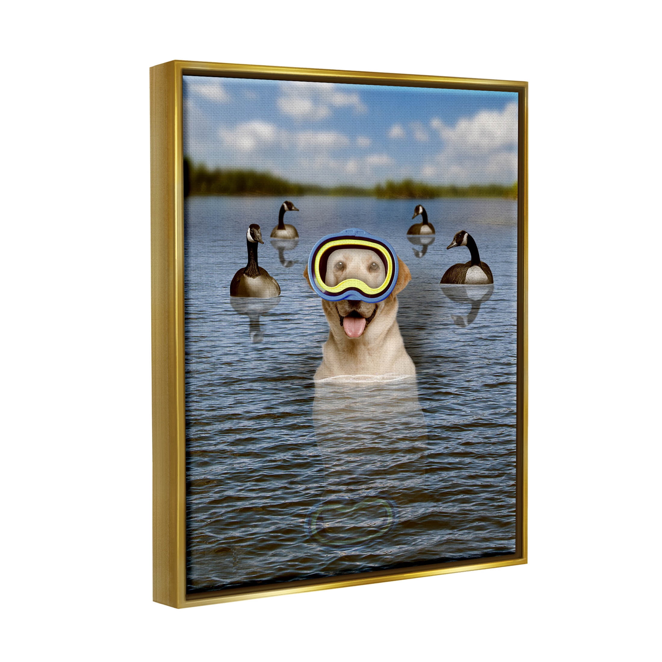 Funny Dog Goggles Swimming Bay Animals & Insects Graphic Art Metallic Gold Framed Art Print Wall Art