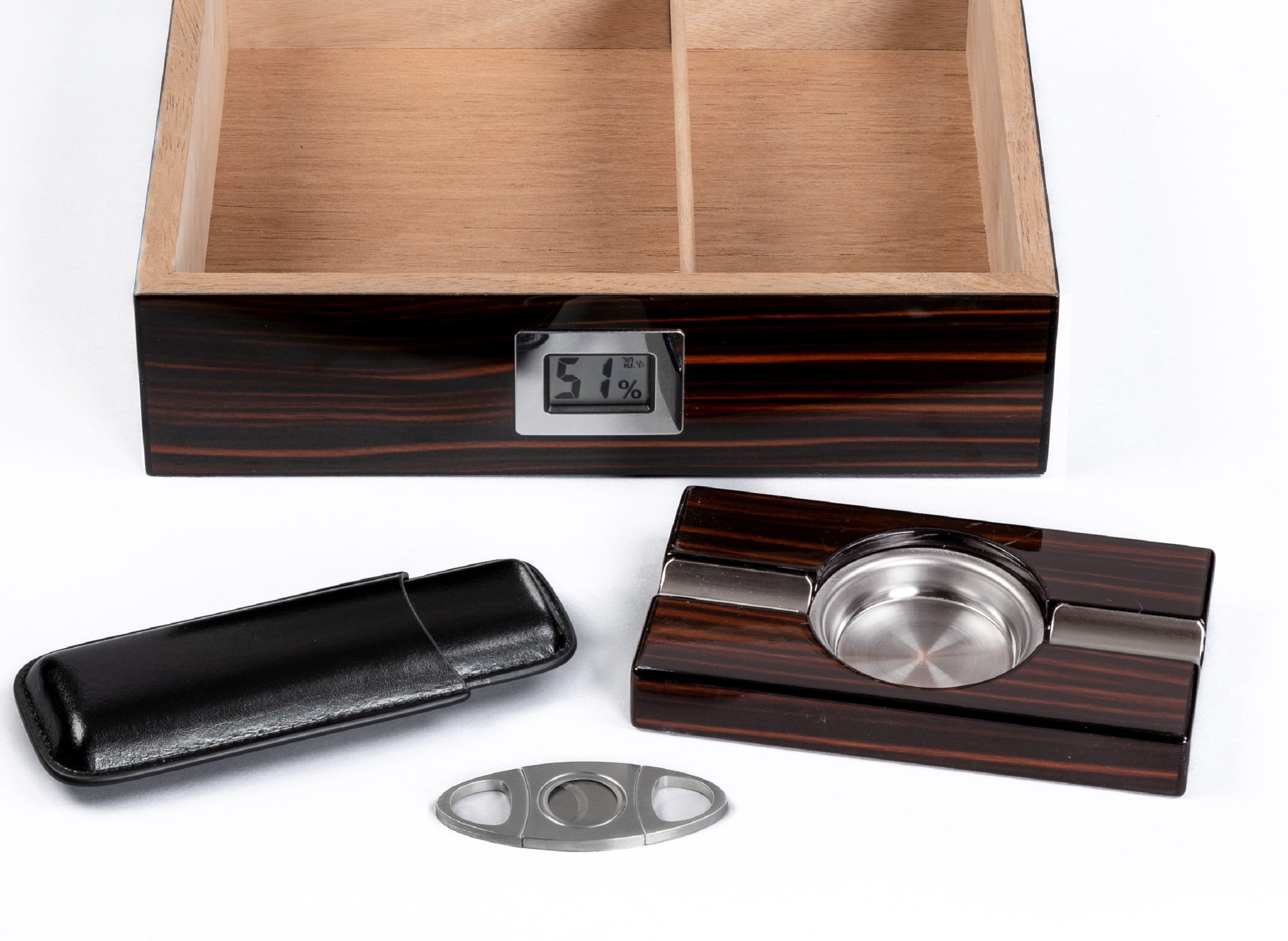Kensington Cigar Humidor Gift Set w/ External Digital Hygrometer - Cherry Ebony Lacquer Finish - Capacity: 75