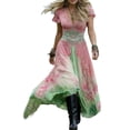 thumbnail image 2 of Costeam Women V Neck Short Sleeve Maxi Dress Bohemian Gradient Floral Print High Waist Flowy Chiffon A Line Swing Long Dress Vintage Boho Casual Dresses, 2 of 5