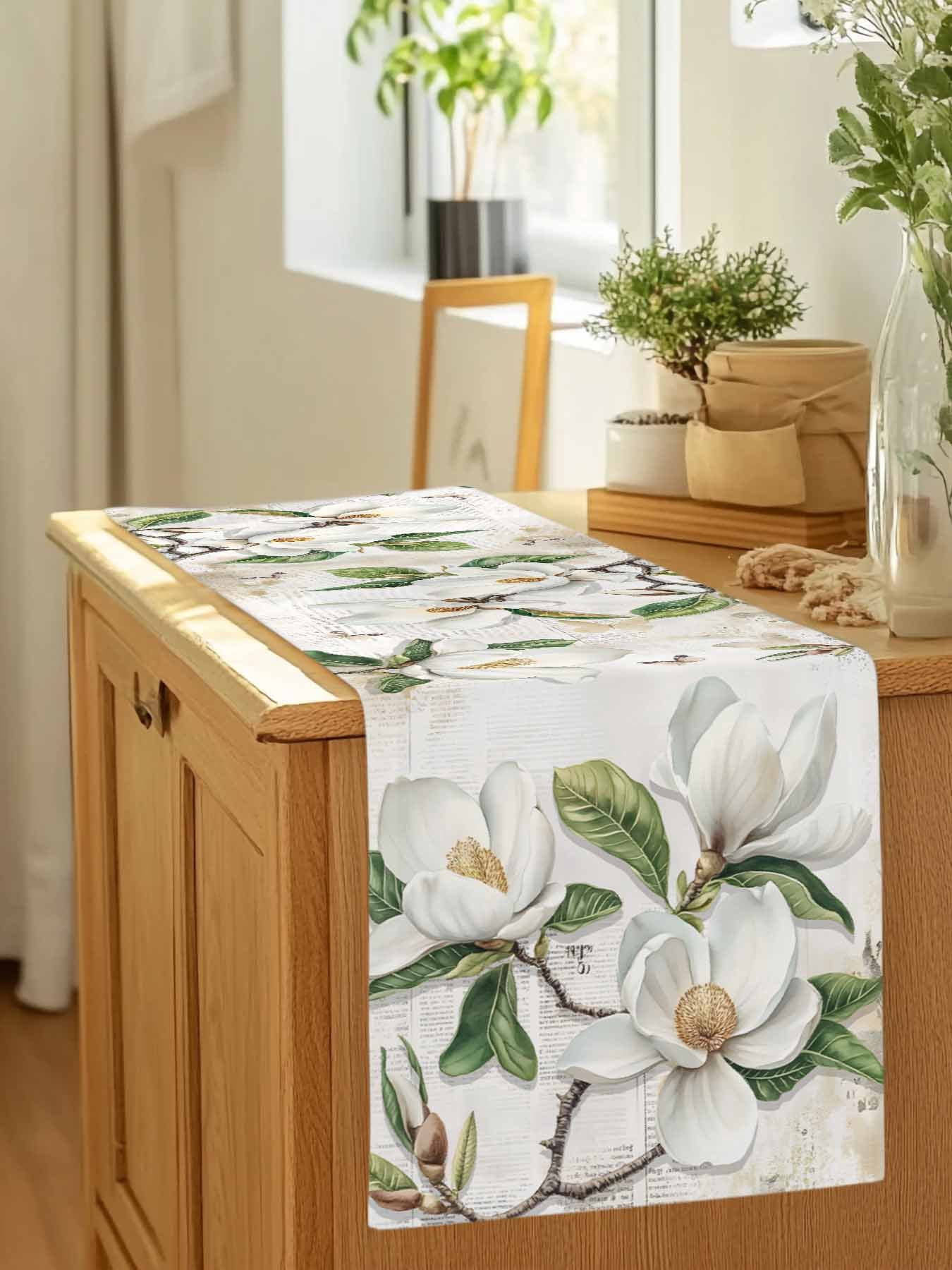 Retro Magnolia on Newspaper Table Runner 90 Inches Long, Butterfly White Floral Green Leaf Table Runners Tabletop Scarf Kitchen Dining Tables Decoration for Home Party Indoor Outdoor