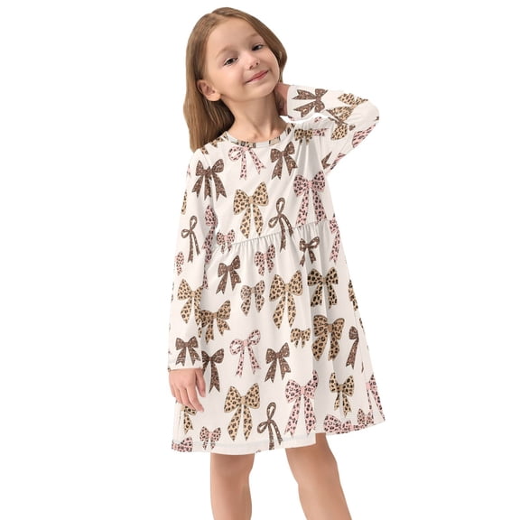 Girls Dress Soft Casual Long Sleeve Cute Dress for Girls Fashion Prints Bows Crew Neck
