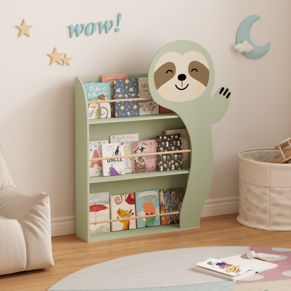 Sloth Kids Bookshelf, Front-Facing Toddler Book Display Rack with 3 Tiers, Cute Animal Design, Wooden Nursery Bookshelf for Playroom, Bedroom & Reading Corner, Safe & Sturdy Storage Organizer