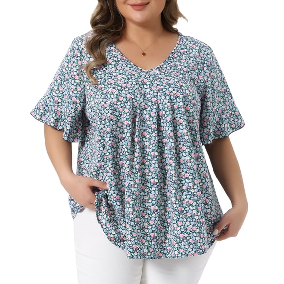 Women's Plus Tops V Neck Flared Sleeve Ditsy Floral Pleated Casual Summer Blouses 1X Dark Green
