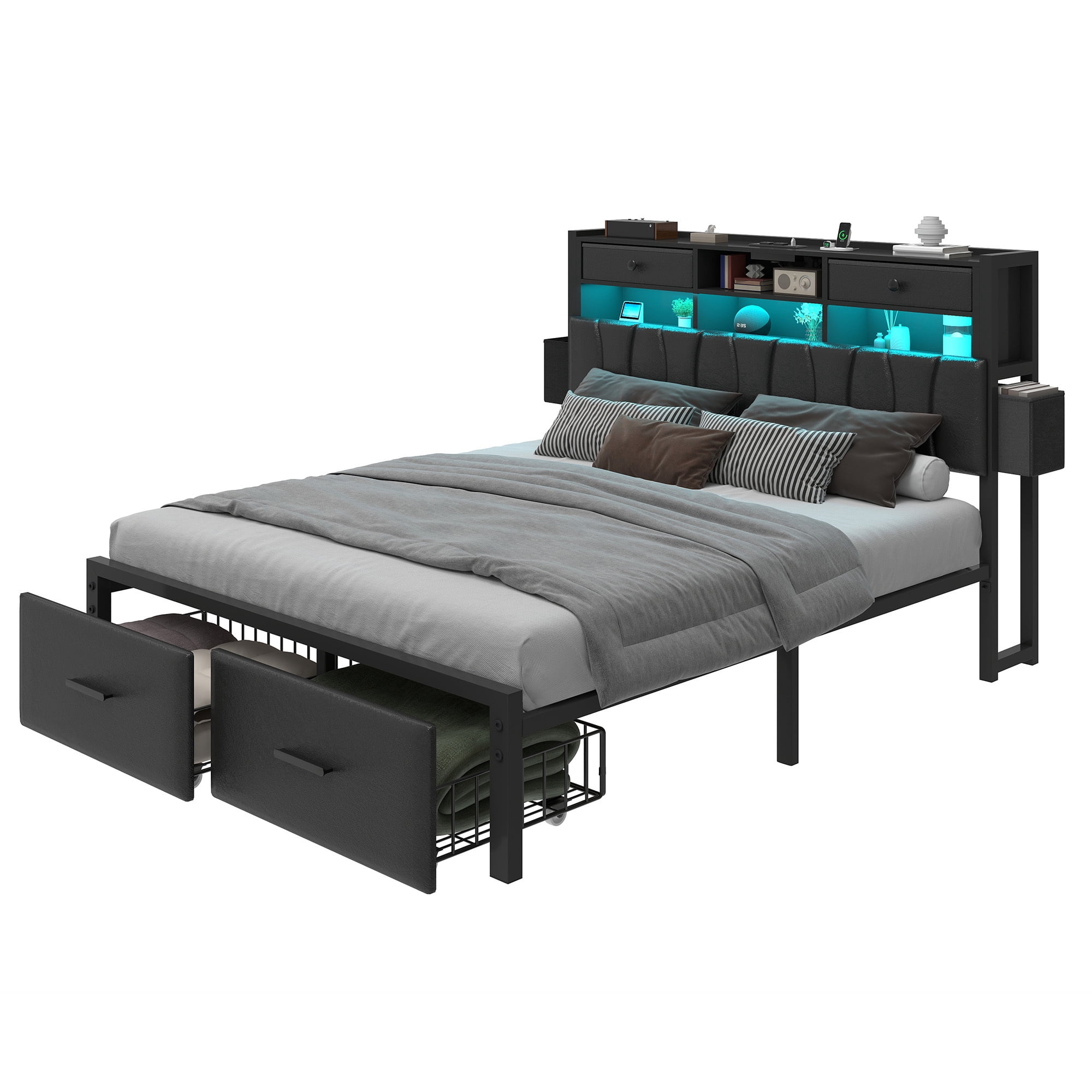 Uforic Queen Size Bed Frame with 2 Storage Drawers & Charging Station, PU Leather Upholstered Bed with Storage Headboard, LED Light, Heavy Duty Metal Support, Noise Free, No Box Spring Needed, Black