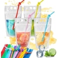 thumbnail image 1 of 100 Bolsas para Bebidas con 100 Popote,500ml Bolsas Reutilizables para Bebidas Transparentes con Pajitas de Plástico,Bolsas de Mano Translúcidas para Bebidas Congeladas de Fiesta, Pajitas de Color, 1 of 7