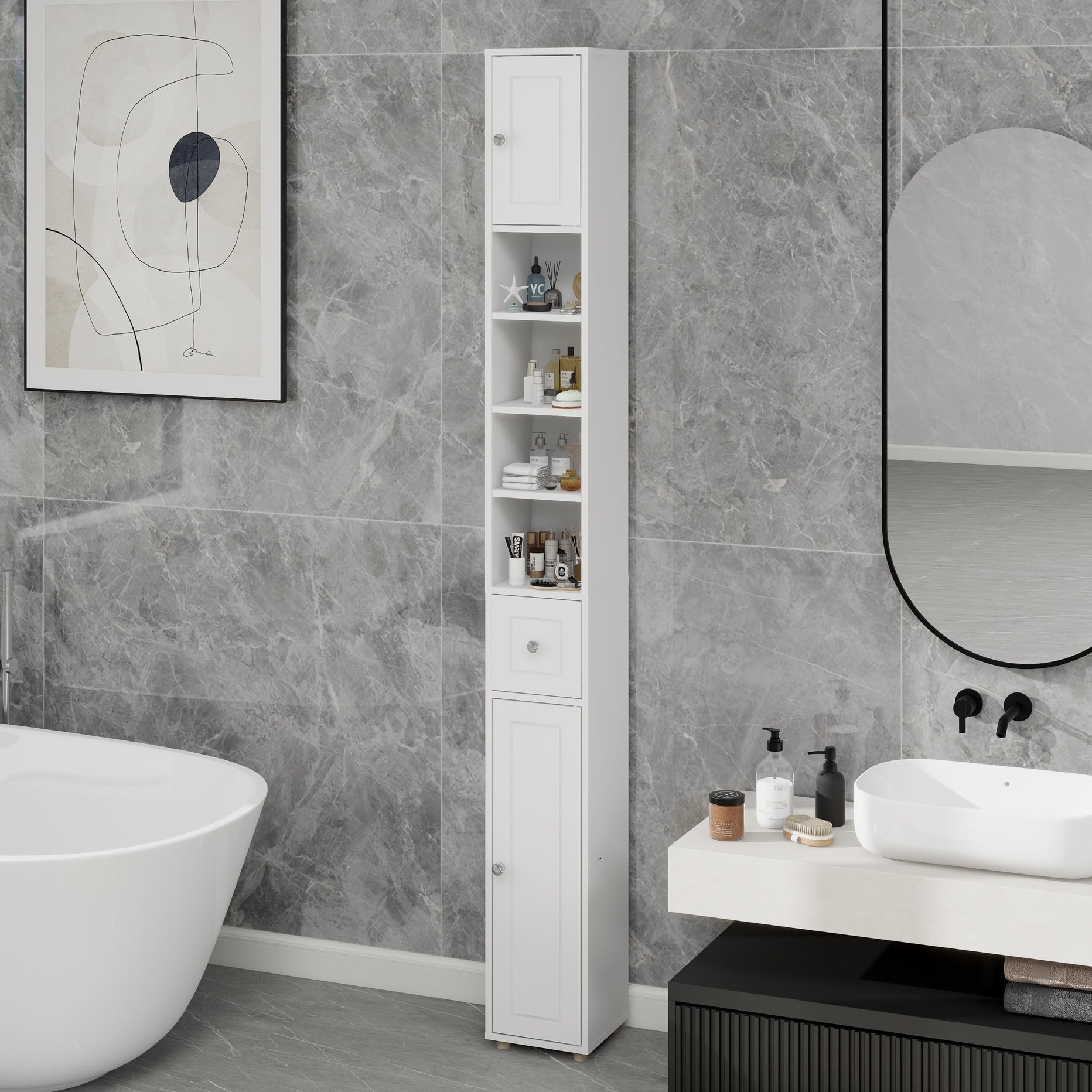 Bathroom Storage Cabinet 71" - White With 4 Adjustable Shelves 1 Drawer, 2 Doors Organize Your 7.98" X 72.25" Freestanding For Towels, Cosmetics Modern Design Home