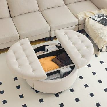 Redlife 35" Wide Round Ottoman with Storage, Tufted Ottoman Linen Fabric Round Coffee Table (Beige)