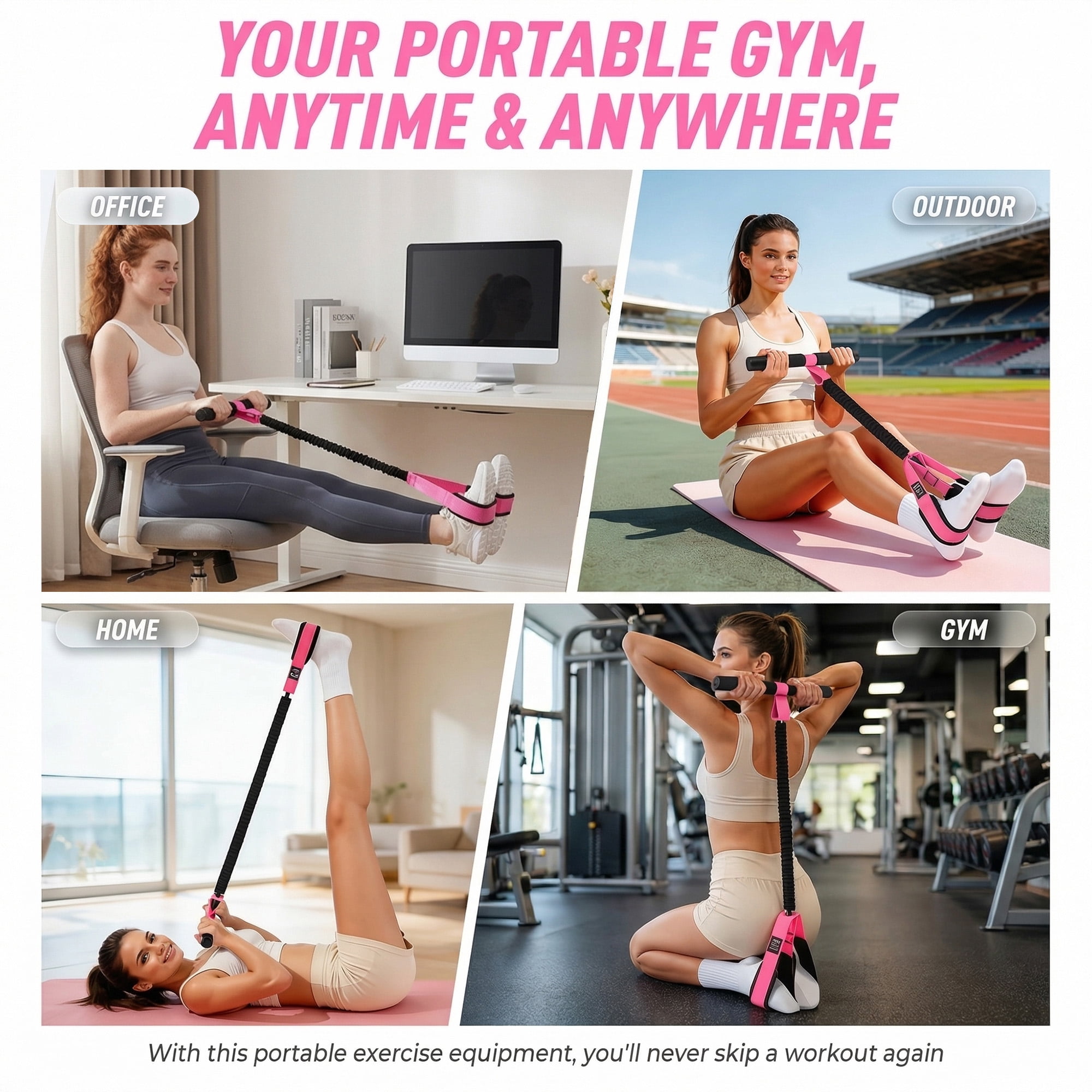 Pedal Resistance Band for Home Workout Sit Up Exercise Band for Core Legs Arms Pilates Training Pink