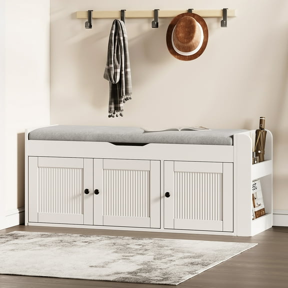 Modern Farmhouse Storage Bench with Cushion, Upholstered Shoe Bench with Shelf for Entryway, Mudroom, Hallway