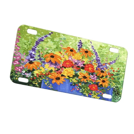 KuzmarK Automobile Car Tag License Plate -  Summer Flowers in Blue Pot Art by Denise