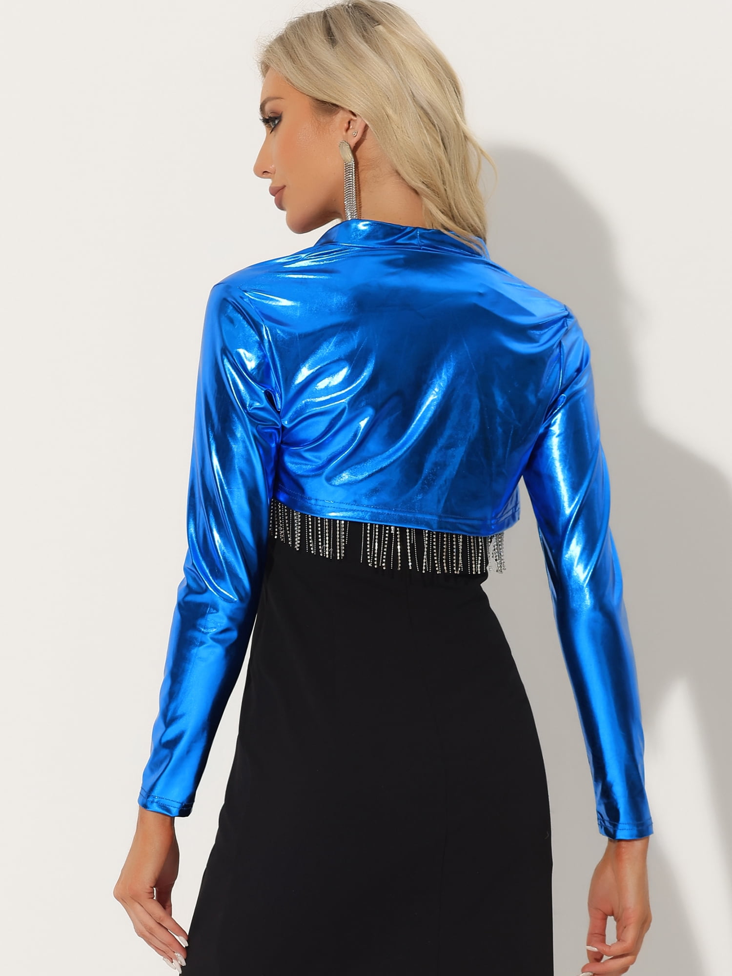 DARING DIVA Women's Holographic Shimmering Shiny Metallic Cardigan L Blue