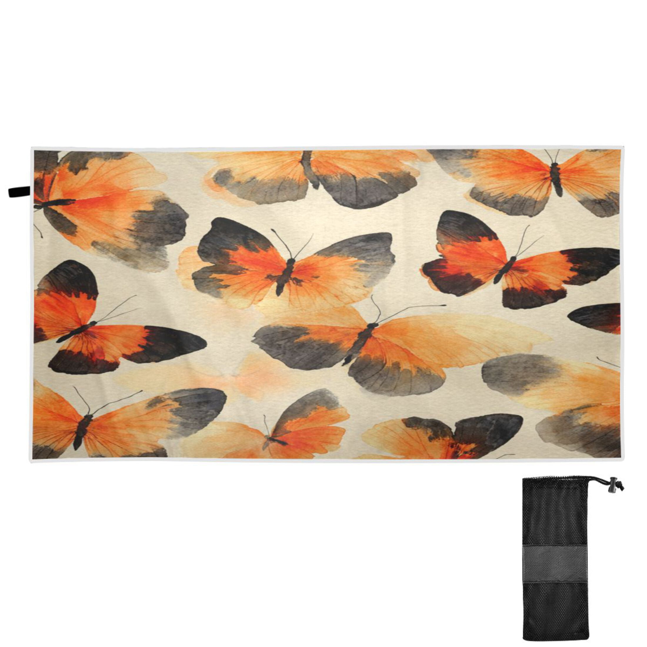 Qxltty Orange Black Butterfly Beach Towel Sand Free Bath Towel Absorbent Quick Dry Soft Lightweight Blanket for Travel Gym Camping 71x31in