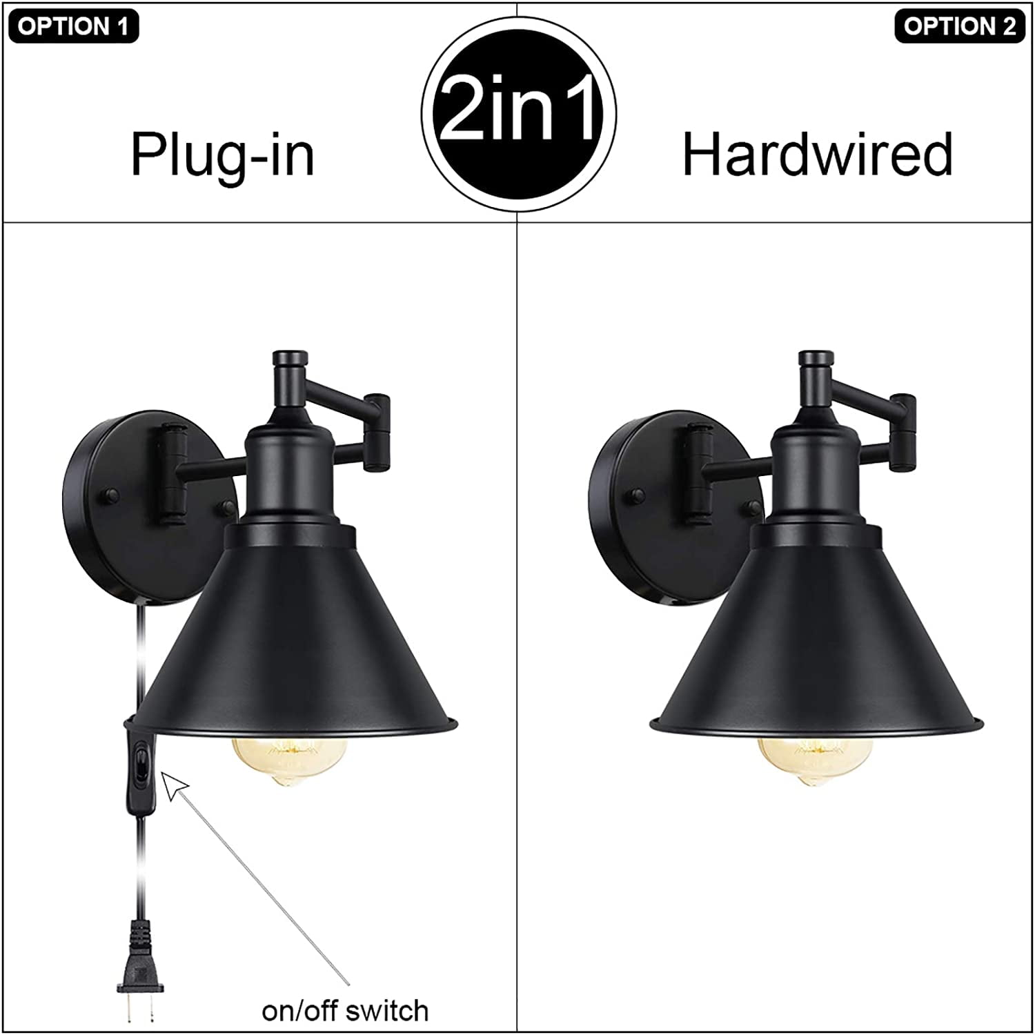 IC Swing Arm Wall Light Fixtures Set of 2 Wall Light Plug-in Cord with On Off Switch on Cord Industrial Wall Sconce Black Finish