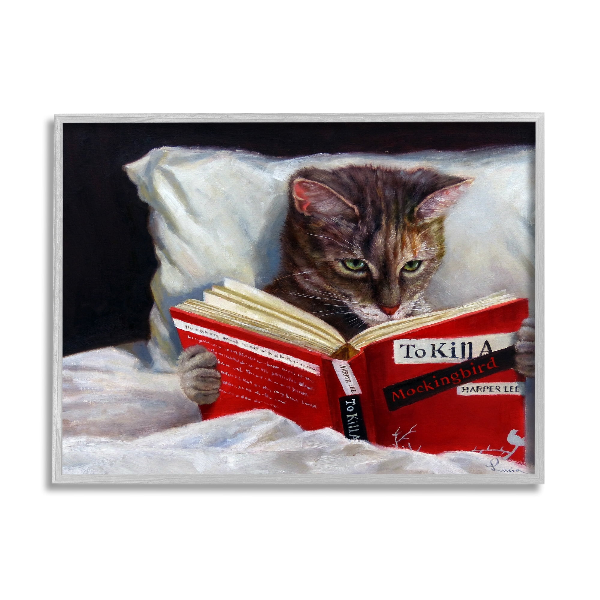 Stupell Industries Cat Reading a Book in Bed Funny Painting, 24 x 30,Design by Lucia Heffernan