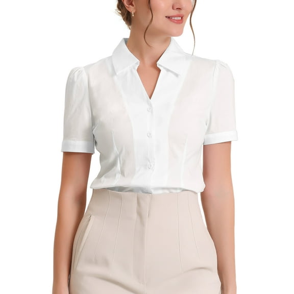 INSPIRE CHIC V Neck Work Tops for Women's Short Sleeve Button Down Shirt White XS