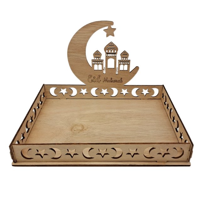 Bandeja de Eid Mubarak, plato de madera para decoración de mesa de Eid Mubarak, bandeja de postres y pasteles para decoración de Ramadán para fiestas islámicas, dulces, pasteles y galletas