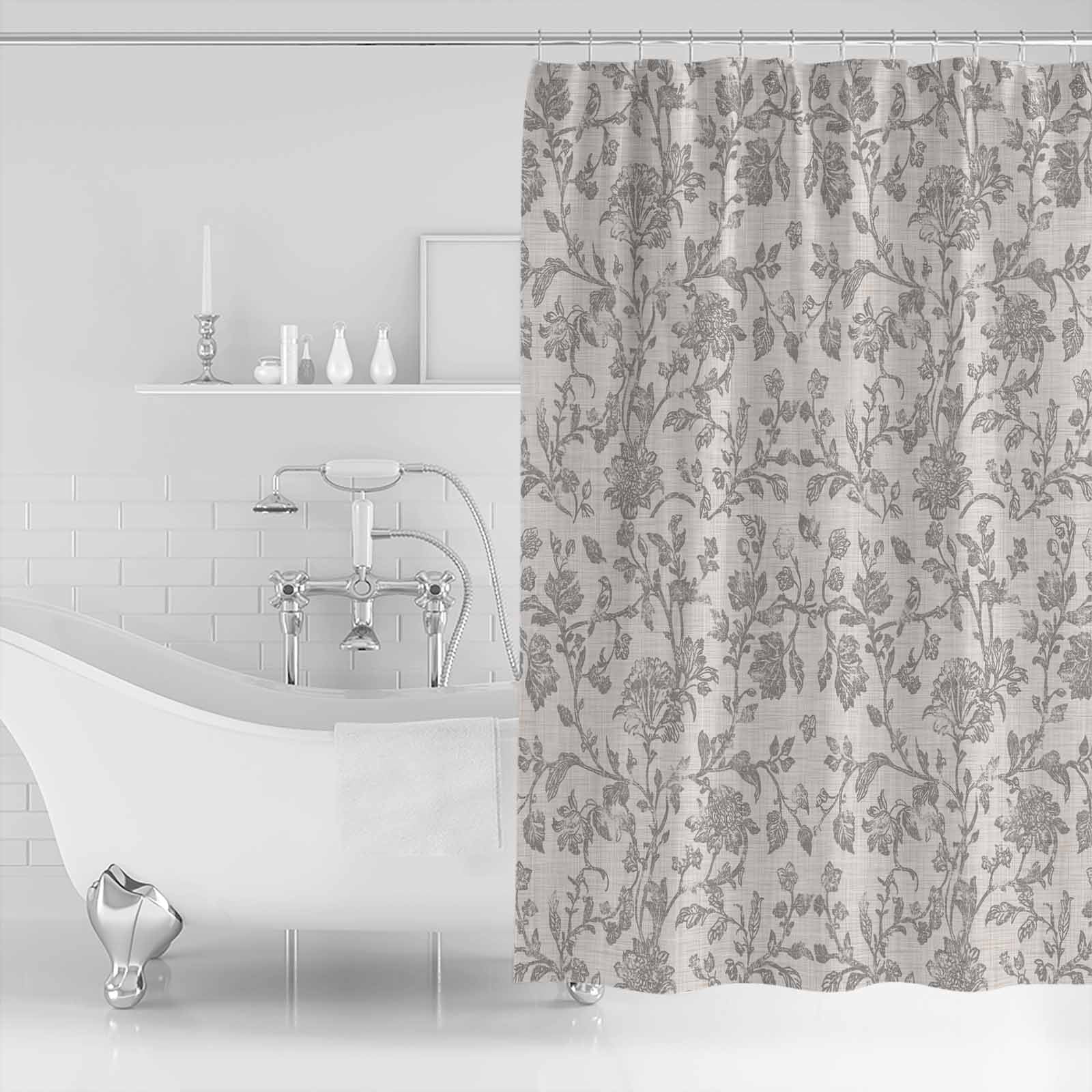Small Stall Shower Curtain 48x72 Inch Narrow Half Size Farmhouse Flower Bath Curtains Bathroom Decor Botanical Vintage Grey Leaf Plant Waterproof Fabric Shower Curtain Set with Hooks 48 Inch